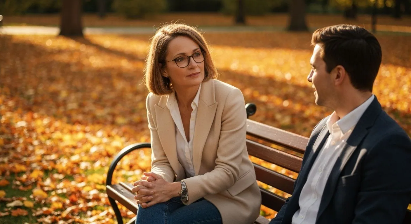 Mature woman and younger man in thoughtful conversation on a park bench, representing the psychological benefits of age-gap relationships.