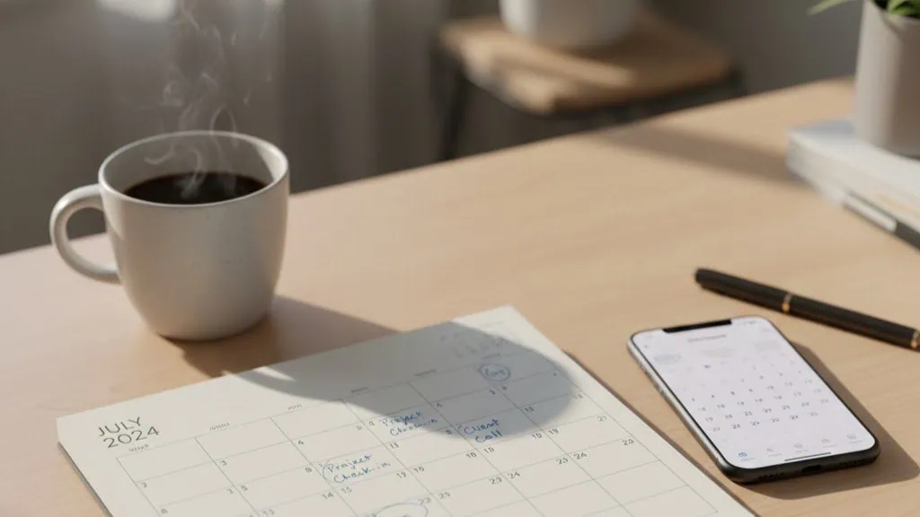 Monthly calendar with marked dates showing flexible short-term planning and scheduling on desk