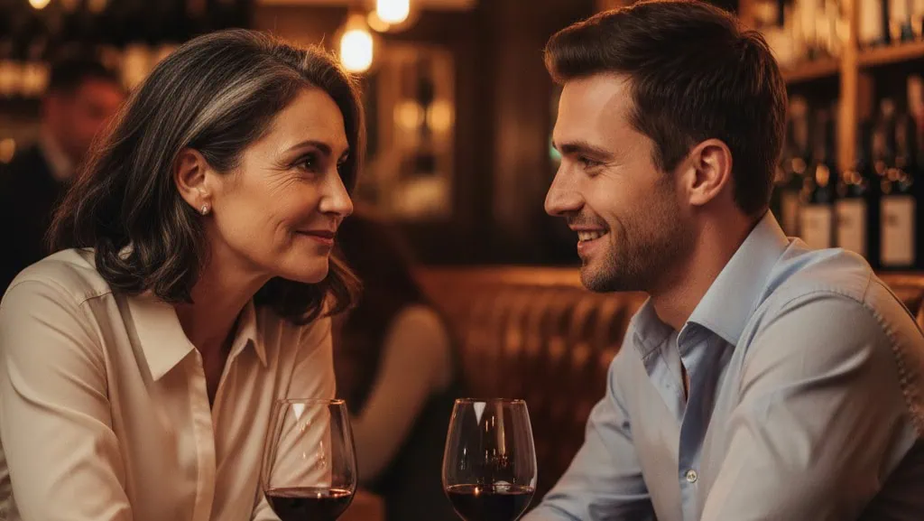 Confident older woman and younger man sharing an intimate moment over wine, illustrating the spark of age-gap dating