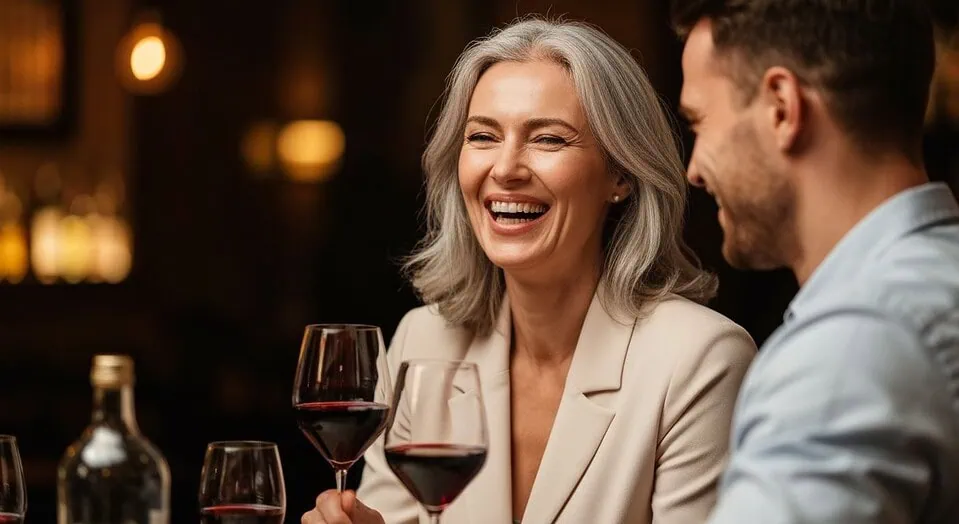 Confident older woman and younger man sharing a laugh over wine in an upscale bar, illustrating successful age-gap dating connections.