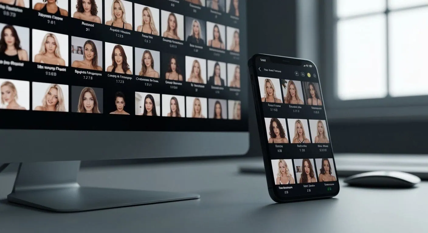 Comparison of desktop large grid view versus mobile limited thumbnails on cam sites for navigation ease.