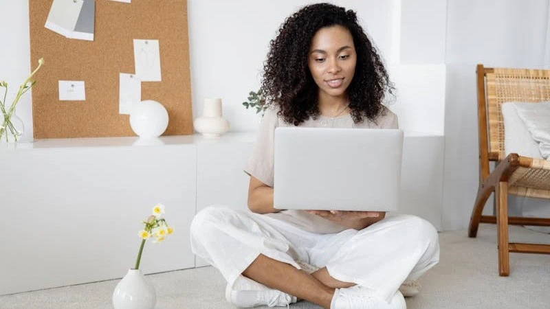 Video chat platform interface showing a woman connecting through online video call