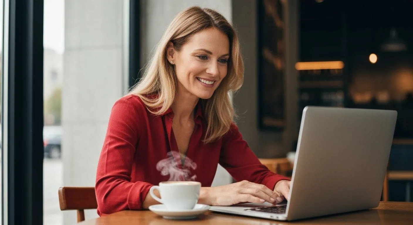 Confident older woman browsing dating apps on laptop in a coffee shop, highlighting effective online places to meet women interested in younger men.