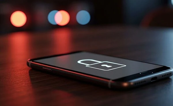 A smartphone on a table showing a digital lock icon, representing privacy and security on dating platforms.