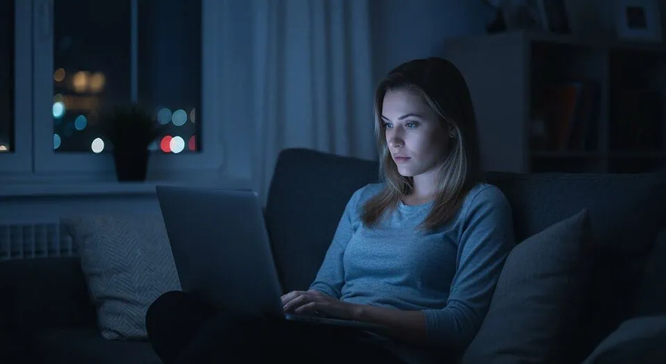 Woman using Flingster video chat on laptop late at night in cozy living room – best time to use Flingster