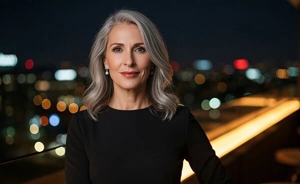 Portrait of a stunning, confident mature woman (40s-50s) smiling warmly, representing the successful user base of MILF dating sites compared to mainstream apps in 2025.