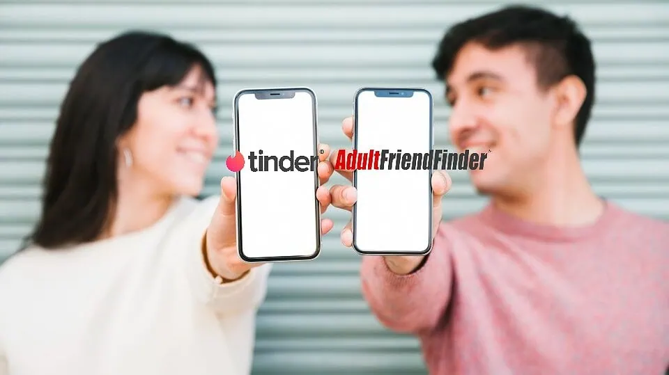 A comparison of two different dating app interfaces on smartphones placed on a wooden table in a cafe.