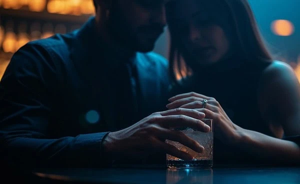 A couple having a private conversation in a dimly lit luxury bar, representing discreet dating.