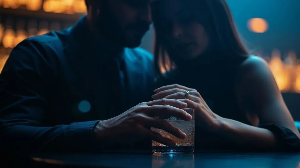 A couple having a private conversation in a dimly lit luxury bar, representing discreet dating.